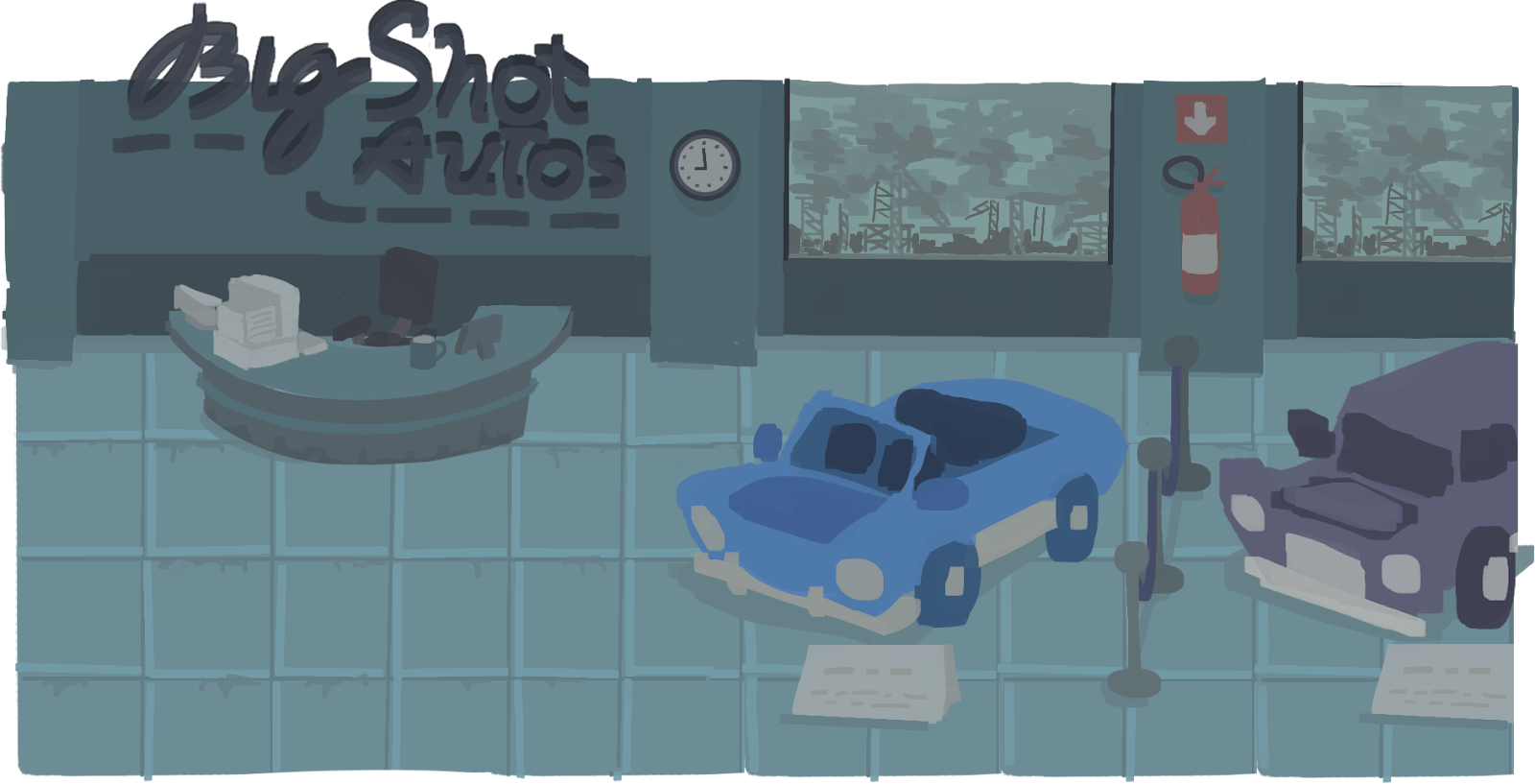 Concept art. Car sale at Big Shot Autos.